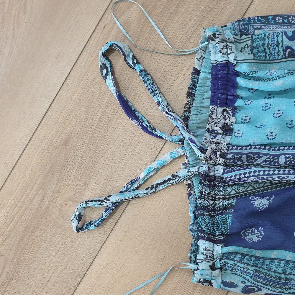 Blue Patchwork Halter Smocked Ruffled Mini Dress - image 8